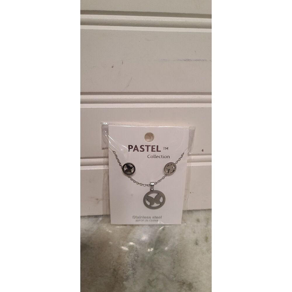 Pastel Collection Stainless Steel Butterfly Necklace/Earring Set Silver